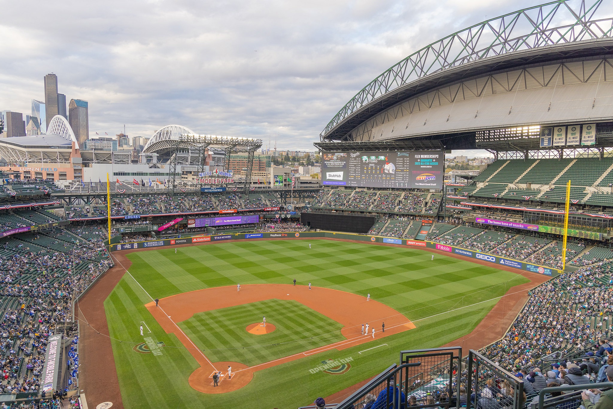 High-up view of T-Mobile Park from behind home plate.
